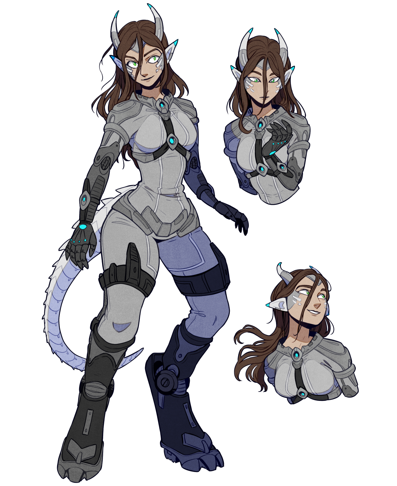 the image showcases a digital character concept for a dragon girl. she has long brown hair with streaks of white, bright green eyes, and gray skin. the character is adorned in gray and white futuristic armor accented with blue lights, covering her arms, legs, and torso. the armor has intricate details, resembling scales on her forearms and shins. she possesses a long, white dragon tail with gray plating.  the image presents three views of the character: a fullbody shot, a bust shot, and a headshot, each displaying a different angle and expression. the background is plain white, putting the focus entirely on the character design.