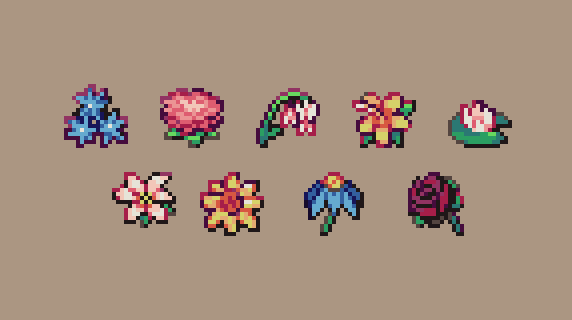 ten pixel art flowers on a light brown background. each flower has a unique design and color scheme.