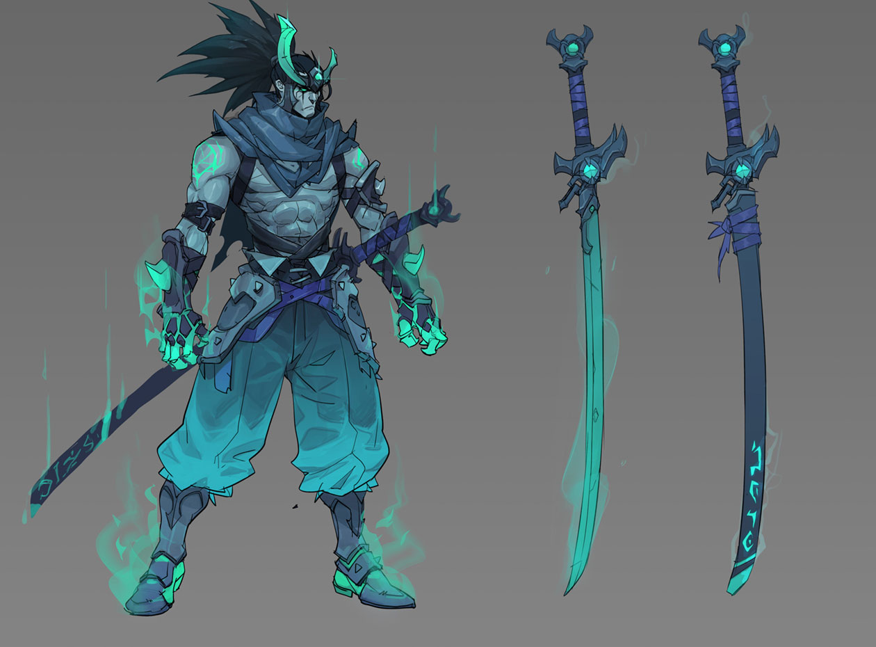 this is a concept art image of a warrior in a samurailike outfit, holding a glowing katana. the character's body is a greywhite color and his clothes are blue and green. he has glowing blue and green spirit fires around him and a ghostly glow around his katana. on the right side of the image are two katanas: a glowing, green katana and a black katana with glowing runes on it.