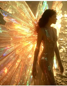 a woman wearing a shimmering, iridescent costume resembling an angel's wings stands against a backdrop of golden light. the wings, made of a translucent,  material, create a sense of ethereal beauty. the woman's pose, with her head turned away from the viewer, adds to the mysterious and magical atmosphere.  the overall image evokes a sense of fantasy,  mystery,  and wonder.