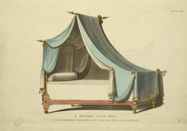 the image is a vintage illustration of a "military couch bed." the bed features a draped canopy in shades of blue and white, adorned with decorative tassels and finials. the frame appears to be made of wood and painted in a reddish hue. the illustration includes the inscription "a military couch bed" and mentions "rackermanns repository of arts & pub april 1, 1817, at 101 strand london" at the bottom. the image is labeled "plate 22, vol. 3" in the top right corner.