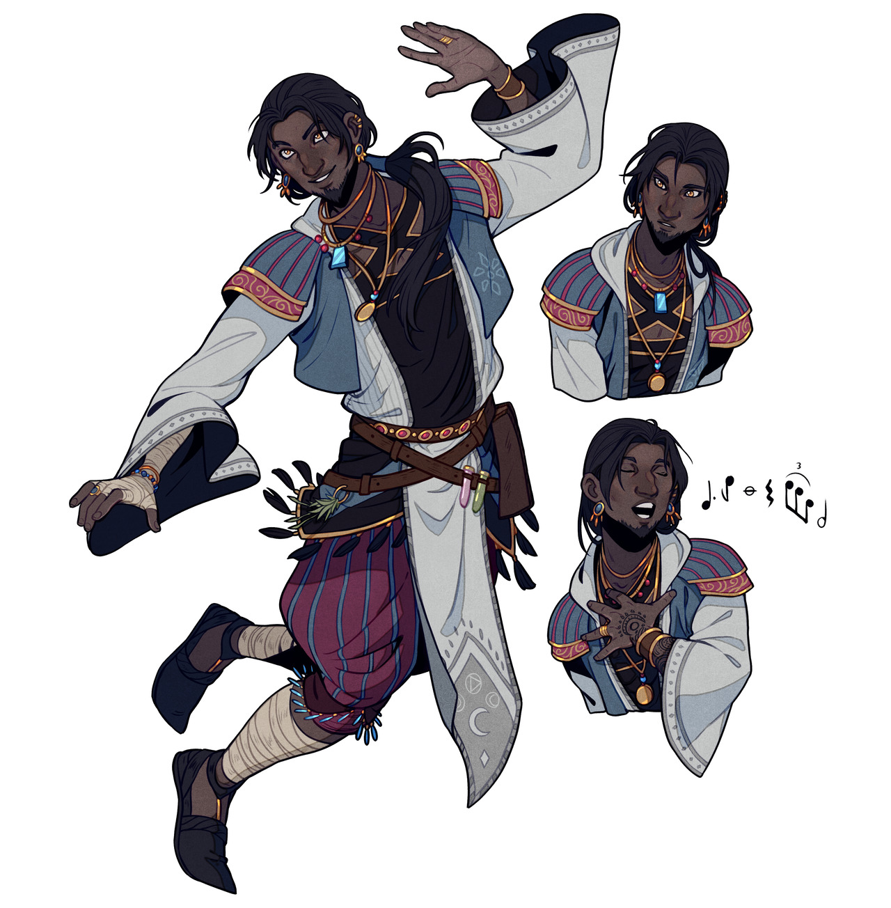 the image showcases character design sheets for a male, darkskinned fantasy bard. he is depicted in three poses: a dynamic fullbody pose midjump, a bust facing forward, and a bust in profile singing. he wears flowing blue and white clothing with hints of purple and accessorizes with numerous necklaces, rings, and earrings. a small collection of herbs is strapped to his hip, and various symbols adorn his clothes. musical notes accompany the profile singing pose.