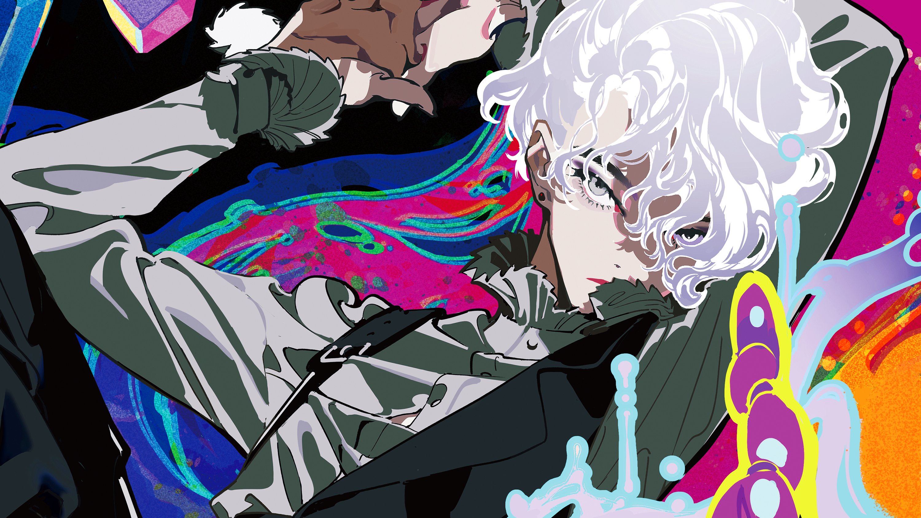 a stylized drawing of a young man with white hair, laying on his back against a vibrant and abstract background. he is dressed in a fashionforward outfit that features a mix of textures and patterns, including a collared shirt, vest, and a partially unbuttoned jacket. the background features a swirling mix of colors, reminiscent of paint splatters and digital art effects, creating a dynamic and eyecatching composition.