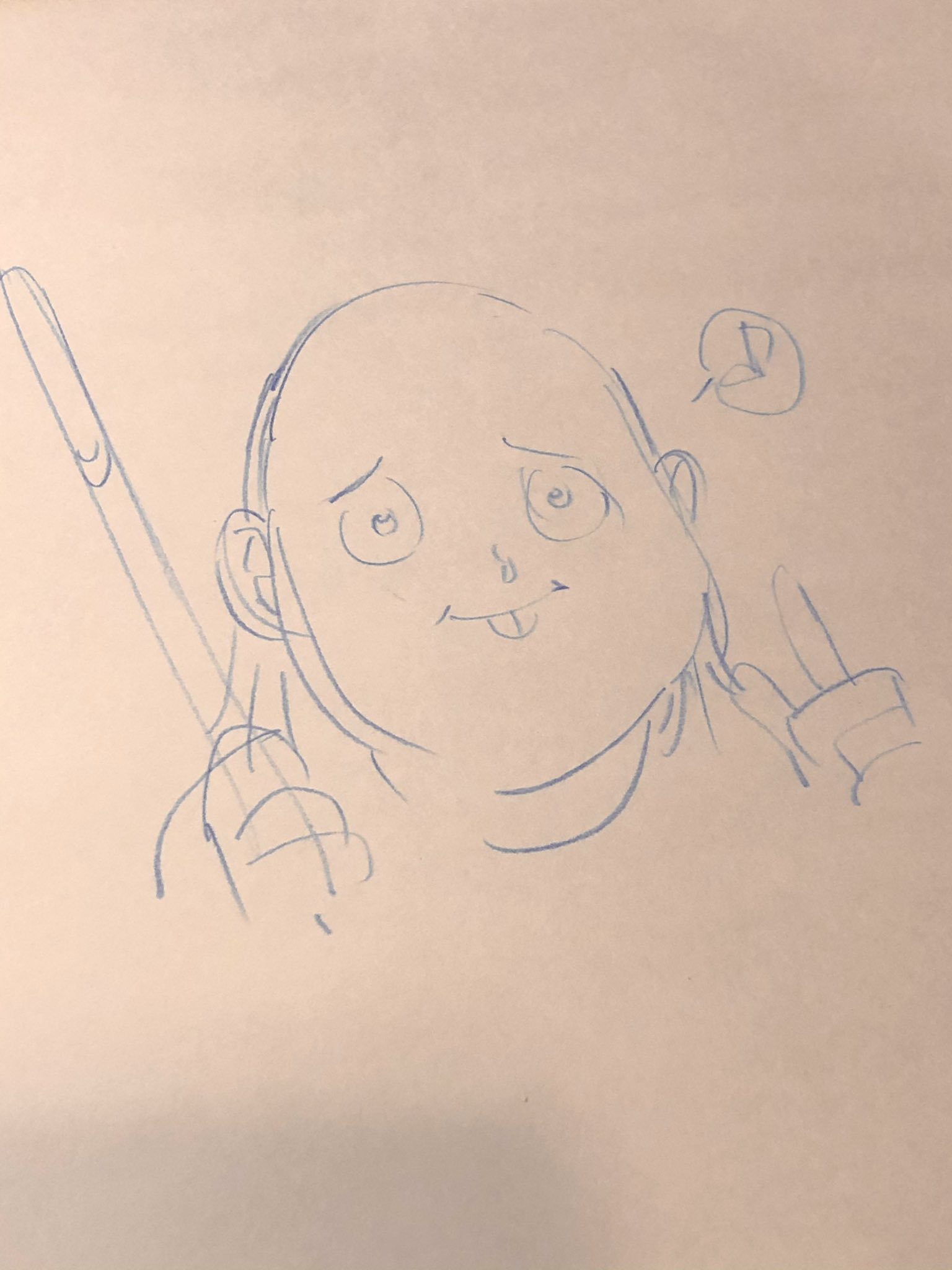 a blue ink doodle on white paper of a person with their tongue out holding a stick in one hand and holding up two fingers on the other hand.