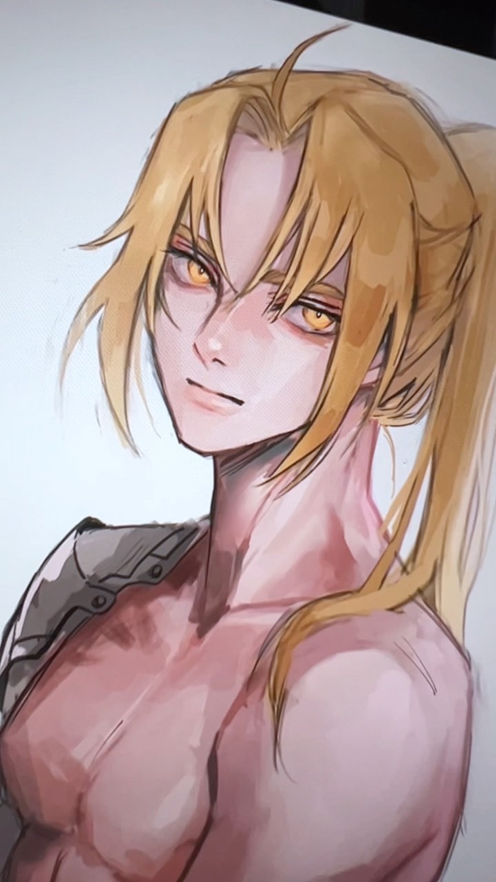 the image is a digital painting of an animestyle male character. he has blond hair tied back in a ponytail, golden eyes, and a serious expression. he is muscular and toned, with visible abs and chest muscles. he has a cybernetic or prosthetic arm on his left side. the style is detailed and stylized, with a focus on smooth color transitions and soft shading. the background is a simple white canvas. the overall impression is one of strength and perhaps a hint of melancholy.