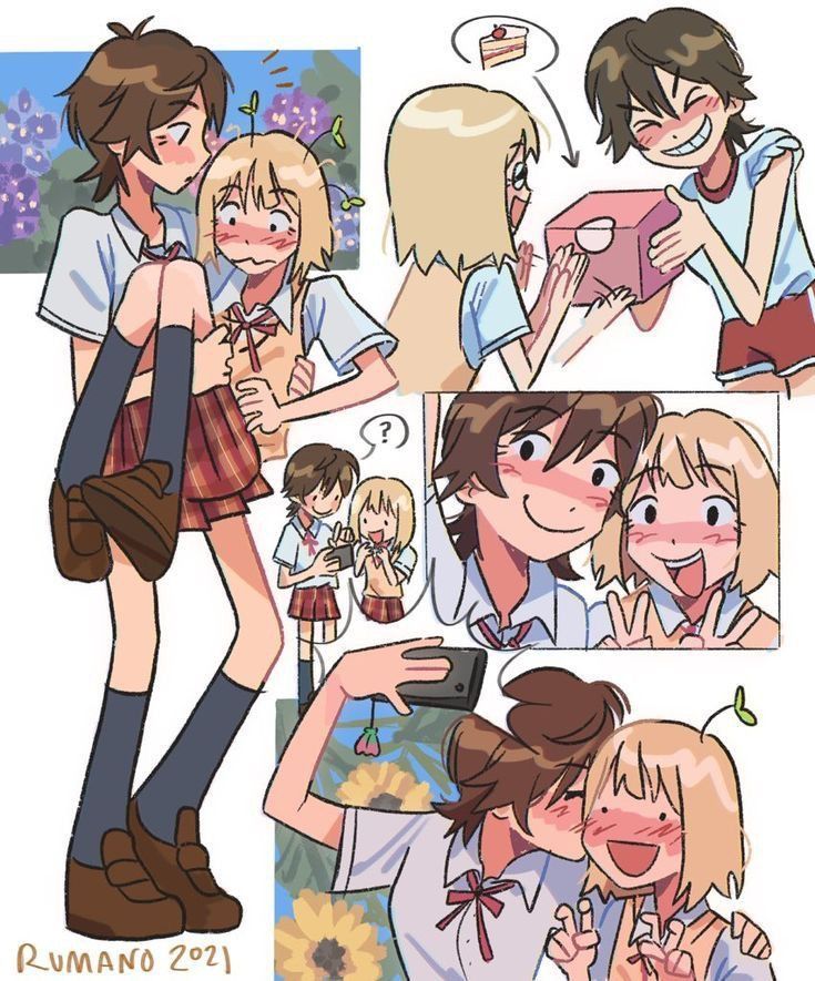 he image is a collection of adorable animestyle illustrations showcasing various scenes of cute schoolgirls interacting. the art style is reminiscent of manga and features characters with exaggerated features and expressions. several scenes depict pairs of girls expressing affection and happiness, including a girl carrying another, a gift exchange with a cake, girls taking a selfie together, and a couple sharing a kiss.  the setting includes sunflowers and school environments.  the overall tone is lighthearted, romantic, and sweet. the style is consistent throughout, with the artist's signature, "rumano 2021", visible at the bottom left.