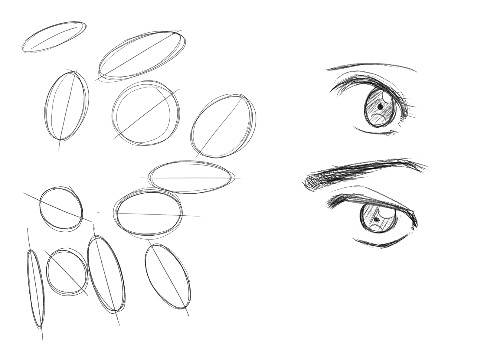 the image is a drawing tutorial demonstrating how to sketch animestyle eyes. the left side shows a series of ovals and ellipses with guidelines, illustrating the basic shapes used to construct the eyes. the right side shows two completed animestyle eyes, one open and one slightly more closed, built upon the basic shapes shown on the left, demonstrating the application of the shapes in creating the final drawing. the style is loose and sketchy, typical of a quick tutorial or practice sketch.
