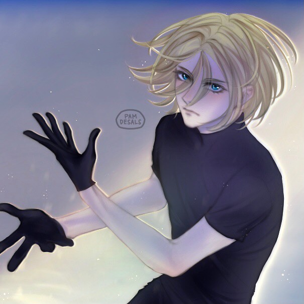 the image is a digital painting or illustration of a stylized male anime character.  he has long, blonde hair that flows around his shoulders, and striking blue eyes. he's wearing a simple, darkcolored, shortsleeved shirt and black gloves. his pose is dynamic yet graceful, his arms extended in a fluid movement. the background is a soft, light bluepurple wash, adding to the ethereal and dreamy feel of the artwork. the overall style is soft and elegant, with smooth lines and pastel coloring.  the character's appearance and style strongly suggest it might be fanart of victor nikiforov from yuri on ice.  a watermark, "pam desals," is subtly placed in the image.
