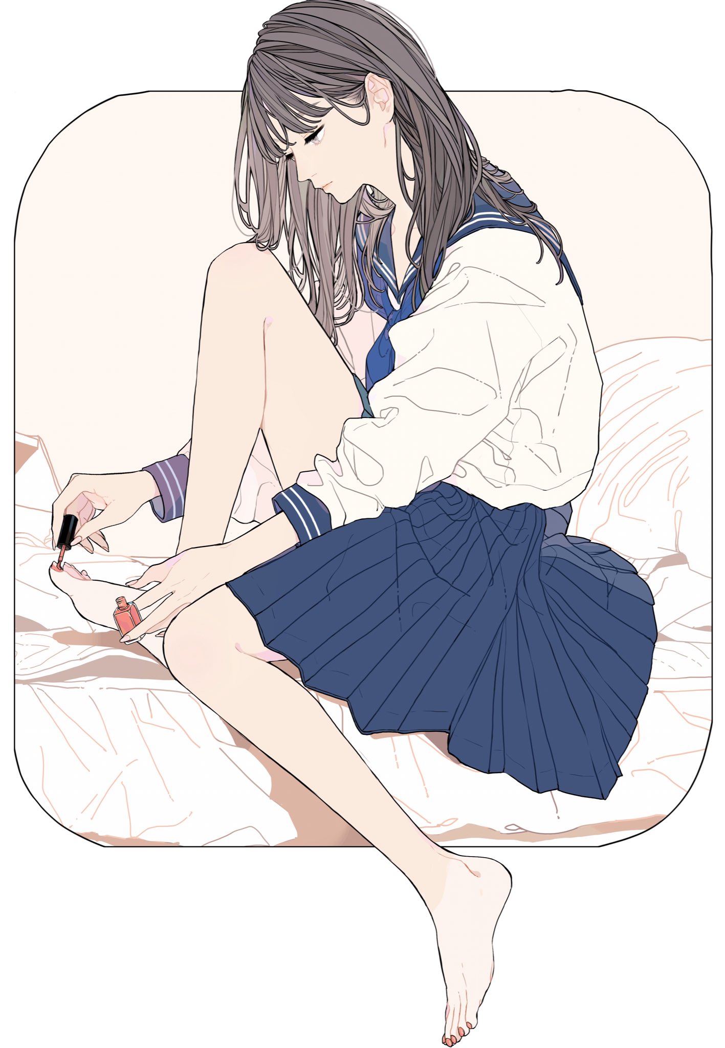 the image depicts a girl in an anime style, sitting on a bed and applying nail polish to her toes. she is wearing a school uniform consisting of a white shirt and a blue skirt. her head is down, and she is barefoot.