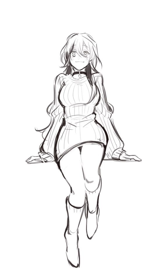 a black and white sketch of a young woman with long hair. she is sitting and leaning forward with a smile, her hands resting on a surface out of frame. she is wearing a chunky knit sweater and high socks.