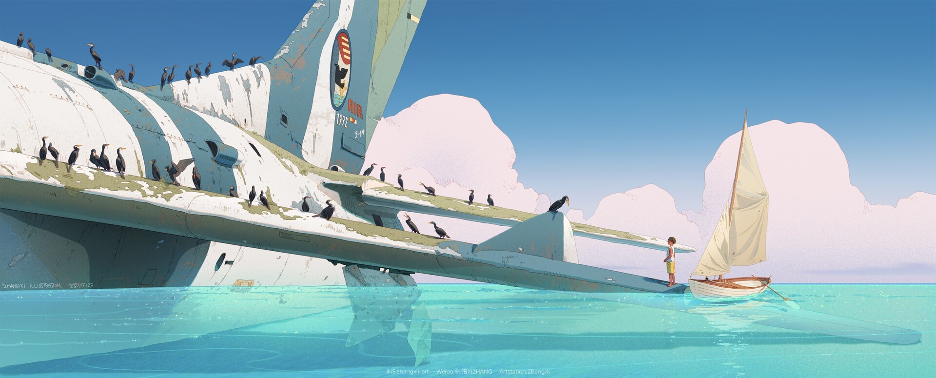 this whimsical illustration depicts a partially submerged airplane, with a sailboat floating nearby, against a backdrop of a bright blue sky and fluffy white clouds. the airplane's wings are adorned with a flock of black cormorants, adding a touch of whimsy to the scene. the water is a crystalclear turquoise, suggesting a tropical paradise. the artwork showcases a vibrant color palette and a cartoonish style, creating a dreamlike and surreal atmosphere.