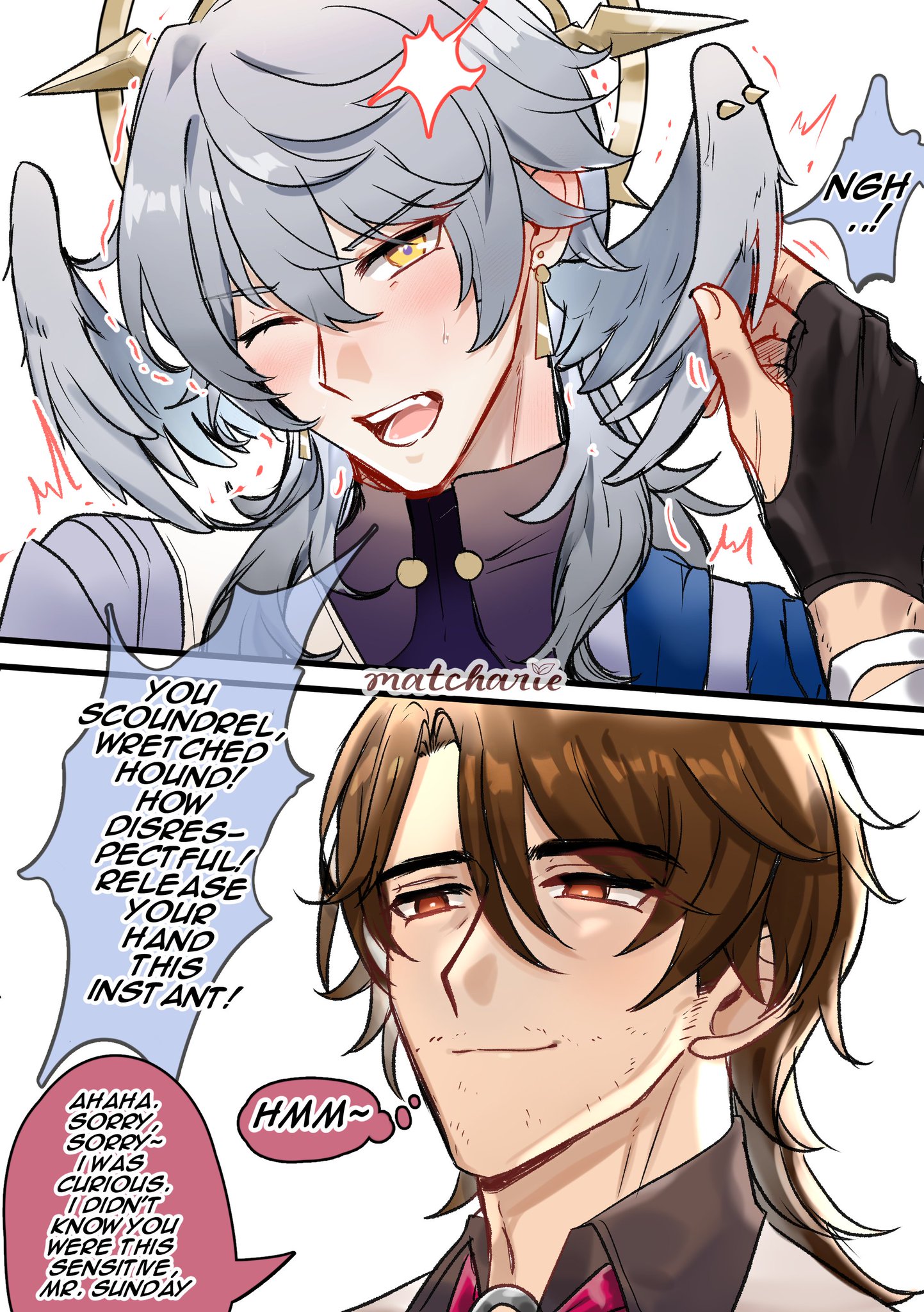 the image is a comic panel from an anime manga series. two male characters are facing each other in a close up. the one on the left has grey hair and is dressed in a blue and white outfit with a collar. he is blushing and looking at the man on the right, who is holding the back of his hand. the man on the right has brown hair and is wearing a black suit with a white shirt and a red bow tie. he is looking at the man on the left and smiling. there is a white bird in the top right of the frame. there is dialogue in the speech bubbles. the background is white.