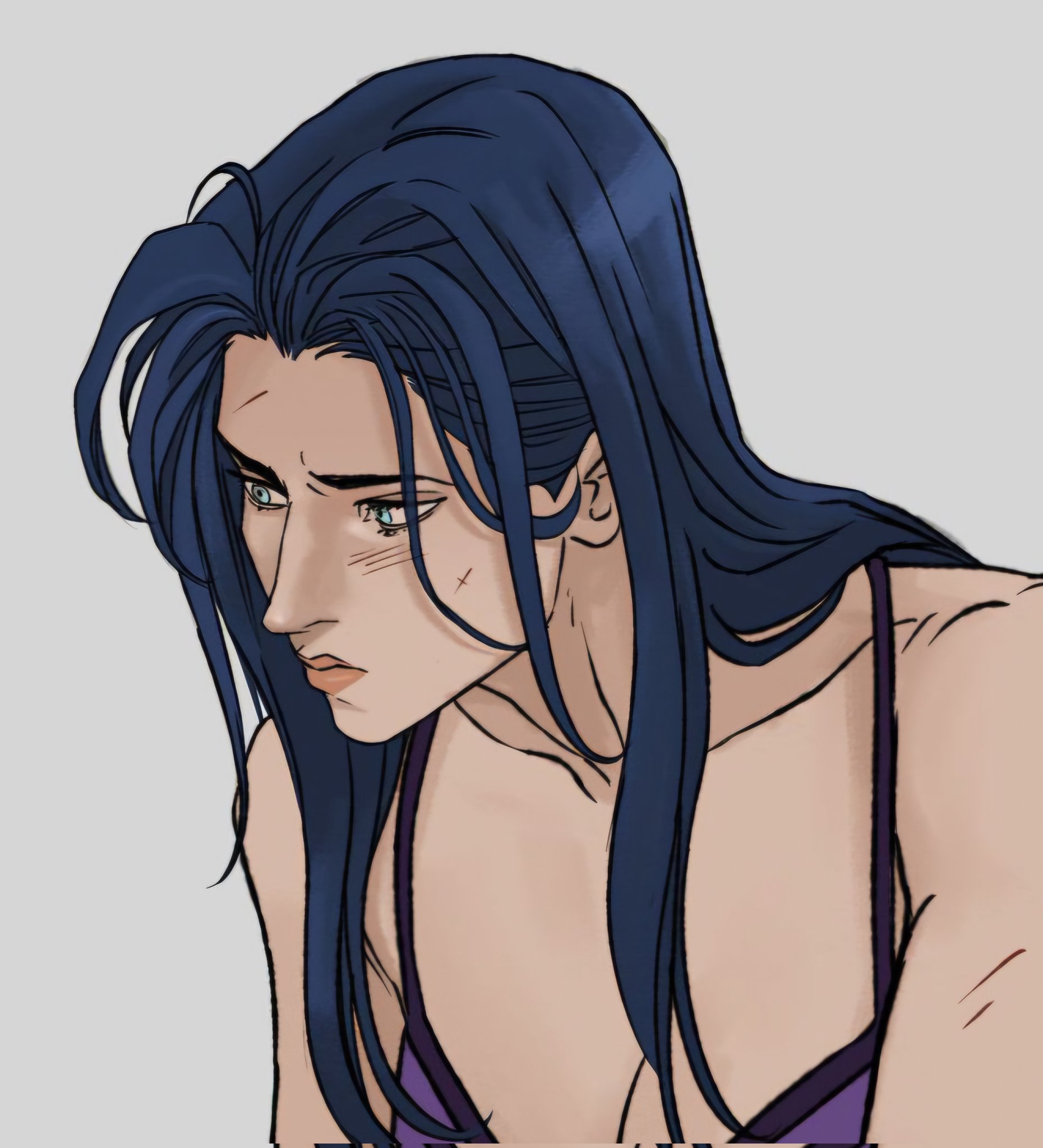 a drawing of a woman with long, dark blue hair wearing a purple tank top, looking down with a sad expression. she has a scar on her face. the art style resembles anime.
