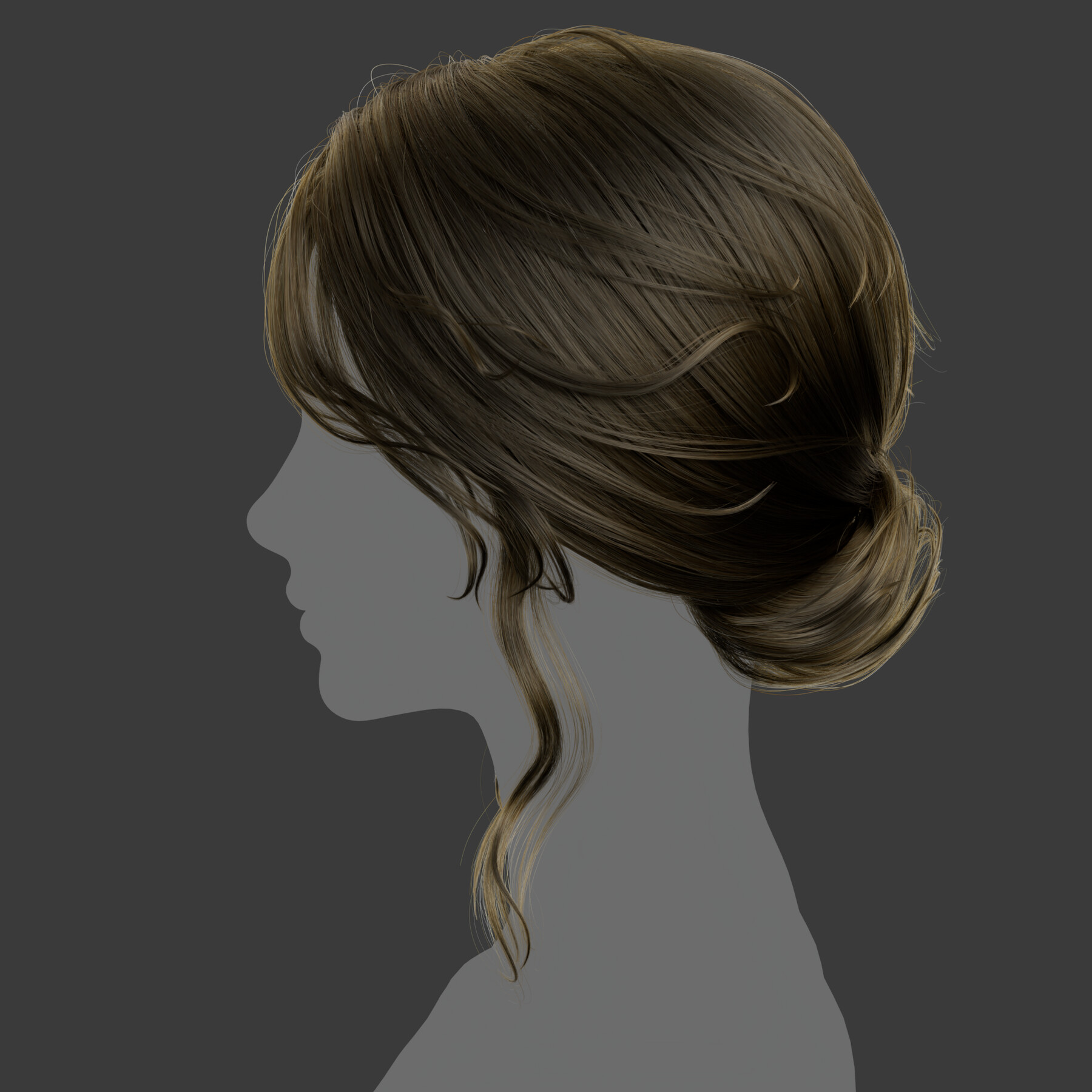 a profile view of a woman with long, wavy brown hair pulled back into a messy bun. she has a graceful, elegant style.