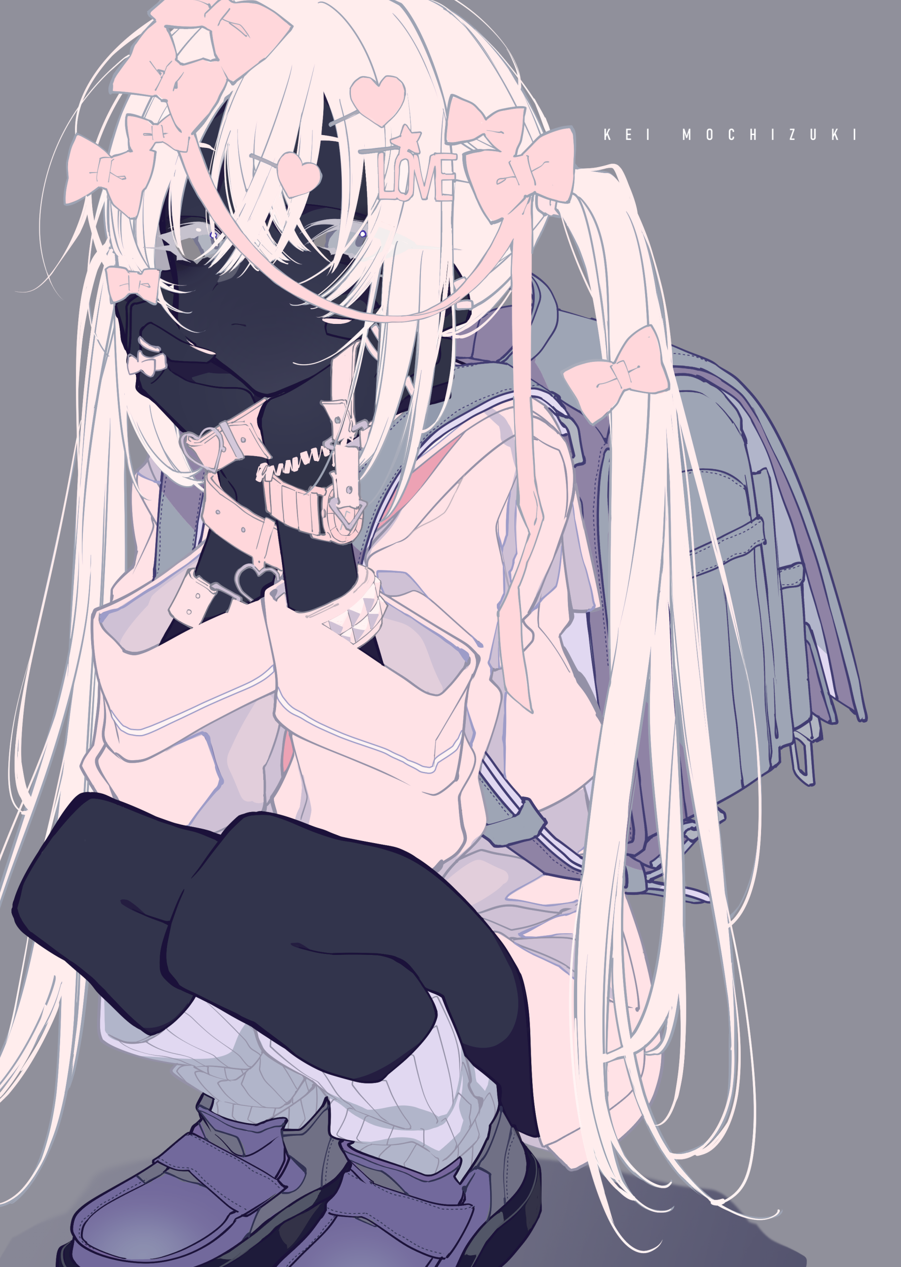 an animestyle illustration depicts a girl in a school uniform crouching with her face obscured by shadow and restraints. she has long, lightcolored pigtails adorned with bows and hearts. a backpack is visible behind her. the color palette is predominantly pastel. the artist's name, "kei mochizuki," is written at the top right.