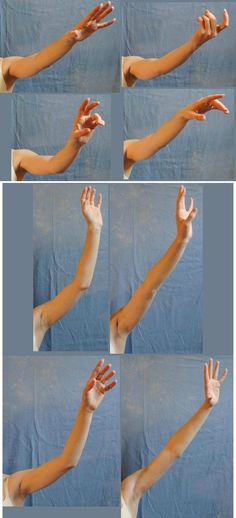 this image showcases a series of arm poses against a textured blue background. a single individual's arm is captured in various positions and angles, highlighting different hand gestures and arm extensions. the lighting is gentle, casting subtle shadows that accentuate the form of the arm. the perspective is from a direct, eyelevel viewpoint.  this type of image is often used as a reference for artists studying anatomy and human form.