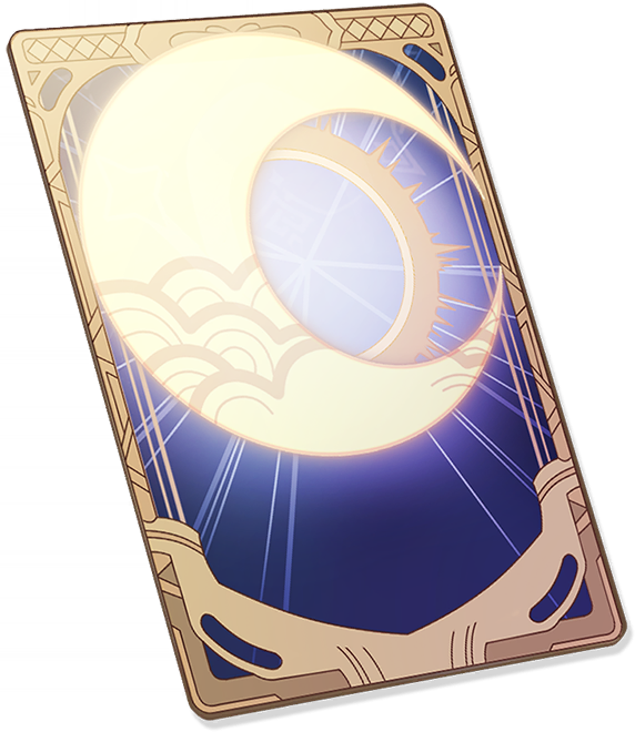 this is a card with a golden frame and a crescent moon on the front of it. the moon is glowing brightly with a blue, starry sky behind it. the image has an anime style and is likely used in a game.