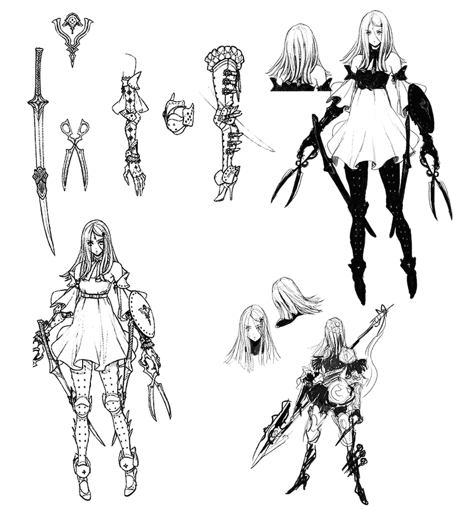 the image showcases a collection of black and white sketches depicting a female warrior character concept. the sketches capture various angles, showcasing her attire, weaponry, and potential hairstyles. the warrior is adorned in a unique blend of armor and a dress, reflecting a balance between elegance and battlereadiness. her primary weapons appear to be a pair of large, ornate shears. additional details, like armguards and leg armor, contribute to her overall aesthetic. the presence of multiple head sketches suggests an exploration of different hairstyles to complement the character's design.