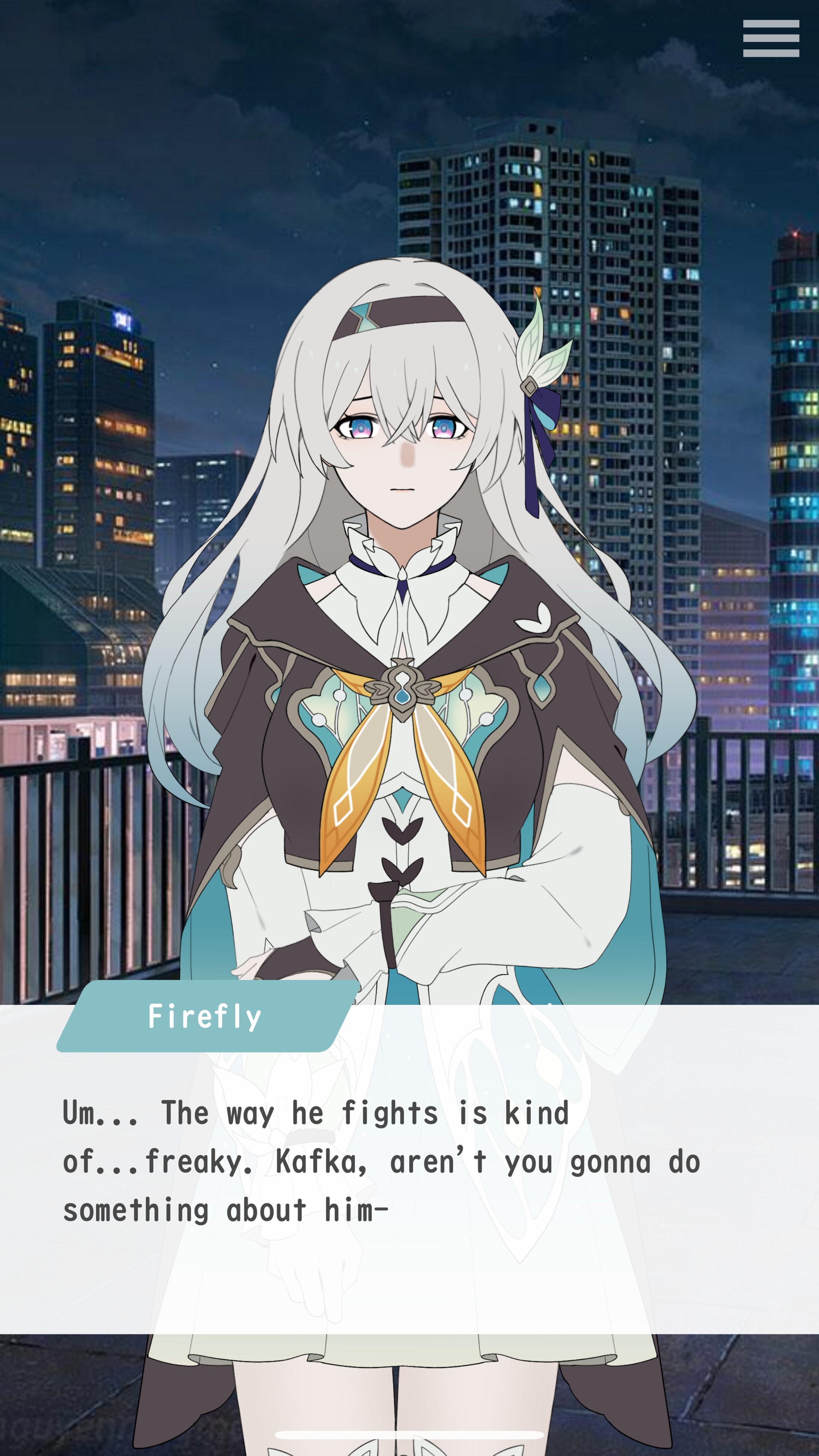 a closeup portrait of the anime character kafka from the video game honkai star rail. she is a young woman with long white hair and blue eyes, wearing a dark dress with a white collar and a yellow bow, standing in a city background at night, with a speech bubble next to her that says "um... the way he fights is kind of...freaky. kafka, aren't you gonna do something about him".