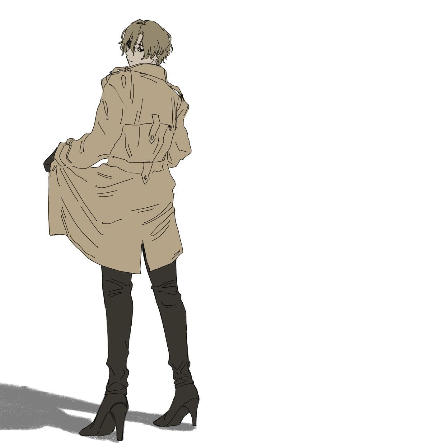 the image is a stylized illustration or drawing of a female anime or manga character.  she's seen from behind, wearing a long beige trench coat, black thighhigh boots with heels, and has short, light brown hair. the art style is minimalist and somewhat simplistic, utilizing a limited grayscale palette with only shades of beige, brown, and black.  a subtle shadow is cast beneath her, adding depth. the overall impression is one of elegance and stylish simplicity.