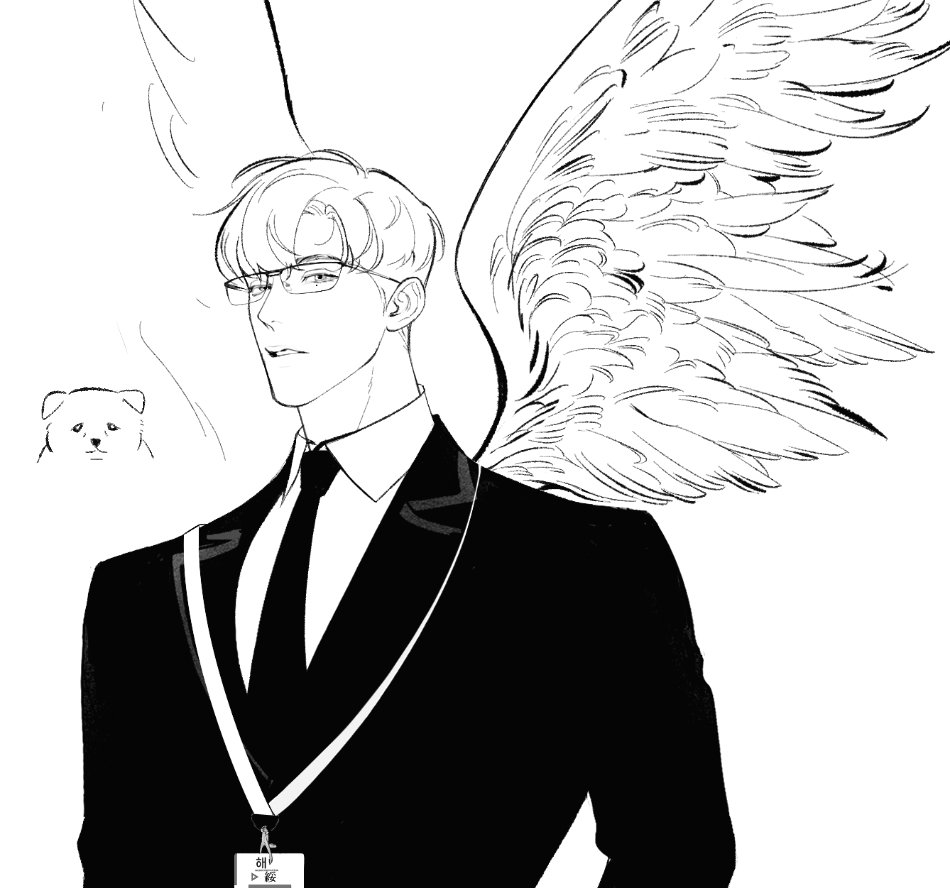a black and white illustration of a man with angel wings wearing a suit and tie. he is also wearing glasses. he looks serious and has a determined expression on his face. the man is drawn in a detailed and realistic style. the illustration is set against a white background. the man is depicted with angel wings, which suggests that he is a powerful and holy figure. the suit he is wearing also contributes to the image of power and authority. the illustration suggests that the man is a warrior or protector who is ready to fight for what is right.