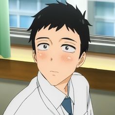 this is a closeup illustration of a young man with short black hair and blushing cheeks. he's wearing a white collared shirt with a blue tie. the setting appears to be indoors, possibly a classroom, indicated by the yellow trim reminiscent of school environments. the lighting is soft, highlighting the blush on his face.
