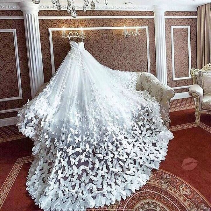 a breathtaking white wedding dress with intricate butterfly lace detailing sprawls across a luxurious room with plush carpeting and elegant furniture. the dress is a symphony of delicate tulle and lace, creating a flowing and ethereal silhouette. the butterfly motif adds a touch of whimsical charm and romance, making the gown a true dream come true for any bride. the rich surroundings and the meticulous craftsmanship of the dress speak to a timeless elegance and luxurious taste.