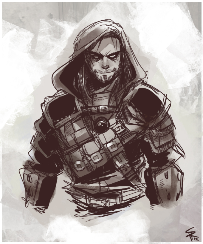 a black and white digital sketch of a man wearing a hood and armor. the man has a beard and long hair, and he is looking directly at the viewer with a smirk. the armor is detailed and appears to be made of metal or leather. the overall style of the image is gritty and stylized.