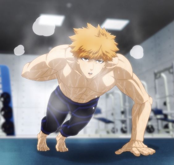 a shirtless anime character with blond hair is doing push ups in a gym. he is sweating and his muscles are clearly defined. the character is wearing blue and black pants. the background is blurry and shows more gym equipment.