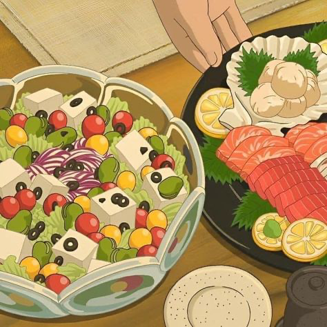the image is an illustration or still from an anime, likely studio ghibli, depicting a scene of a meal. the focus is on two dishes: a vibrant salad in a patterned bowl featuring tofu cubes, cherry tomatoes, edamame, olives, and other vegetables, and a platter of sashimi—thinly sliced raw salmon and scallops—arranged artfully with lemon slices and herbs. a hand is visible in the upper right corner, seemingly serving the food. the overall style is characteristic of anime, with bold colors and a slightly exaggerated portrayal of food textures. the background is a simple, muted palette, letting the food take center stage. the scene exudes a warm and inviting feeling, suggesting a homecooked or family meal setting.