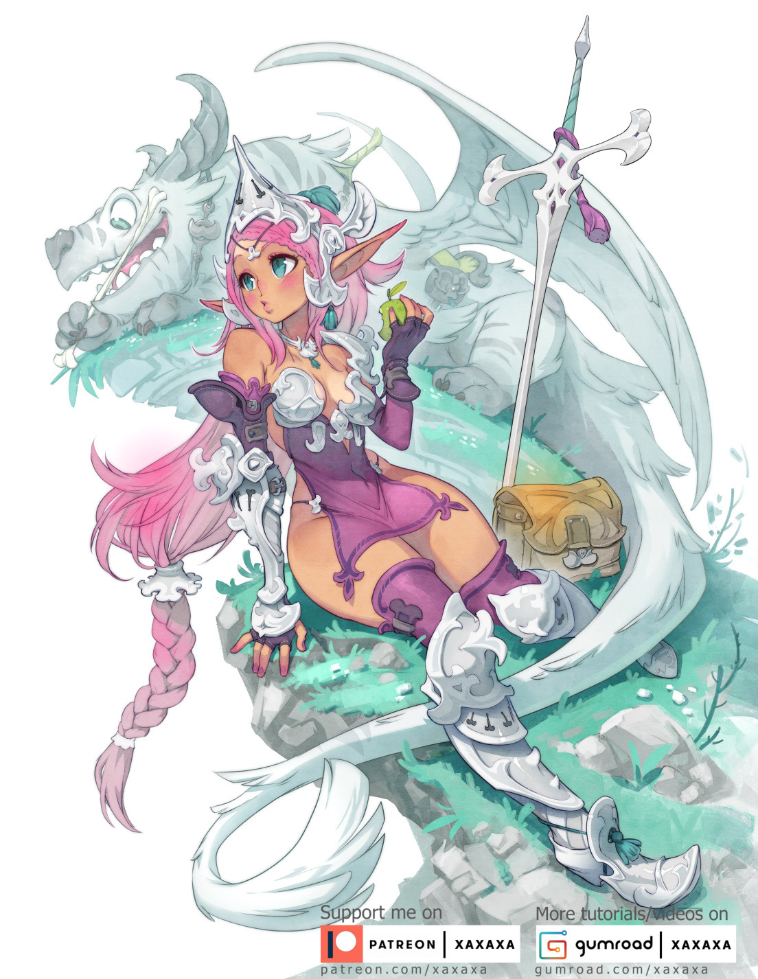 a colorful illustration of an anime style fantasy character with large wings and a sword. she is sitting on a green mossy ground next to a white dragonlike creature. the character is female and has pink hair, a green outfit, and armor. she is holding a sword in her right hand.