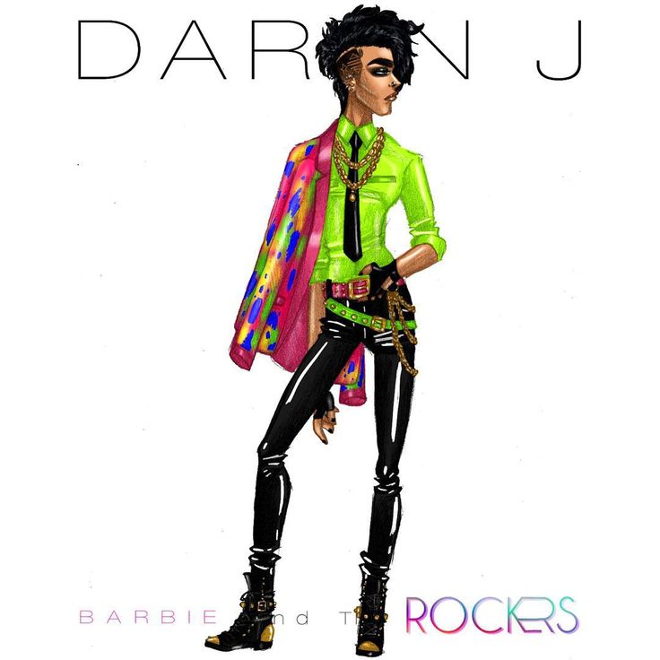 an illustration of darin j from barbie and the rockers, dressed in a vibrant 80s rocker style. he is wearing a neon green shirt, black tie, black pants, a pink blazer with colorful patterns, multiple belts, chains, gloves, and black boots with gold accents. he has a mohawk hairstyle with shaved sides. "darin j" is written above him and "barbie and the rockers" at the bottom.