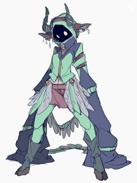 a handdrawn illustration of a fantasy creature with horns, ears, and a tail. it's dressed in a green and blue outfit with wings on the back. the creature is wearing boots with a hood and appears to be a female character. the drawing is done in a anime or manga style with a black outline. the illustration is a sketch with light shading.