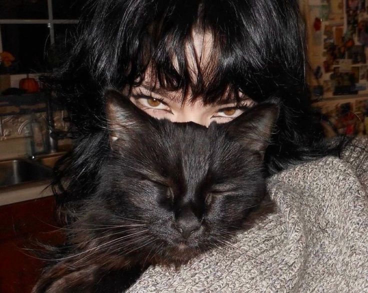 a closeup of a woman with long black hair holding a black cat in her arms. the cat is resting its head on her gray sweater. the woman has brown eyes and is looking at the camera. in the background, there is a sink, a pumpkin decoration, and some wall decor.
