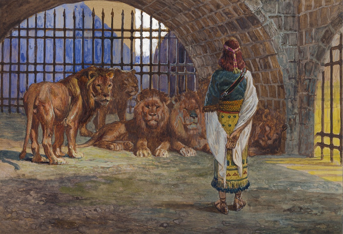 a painting depicts daniel standing unharmed in a lions' den, with multiple lions lying around him, all behind bars. a man with red hair and a tunic stands just outside the cage, looking inside at the lions.