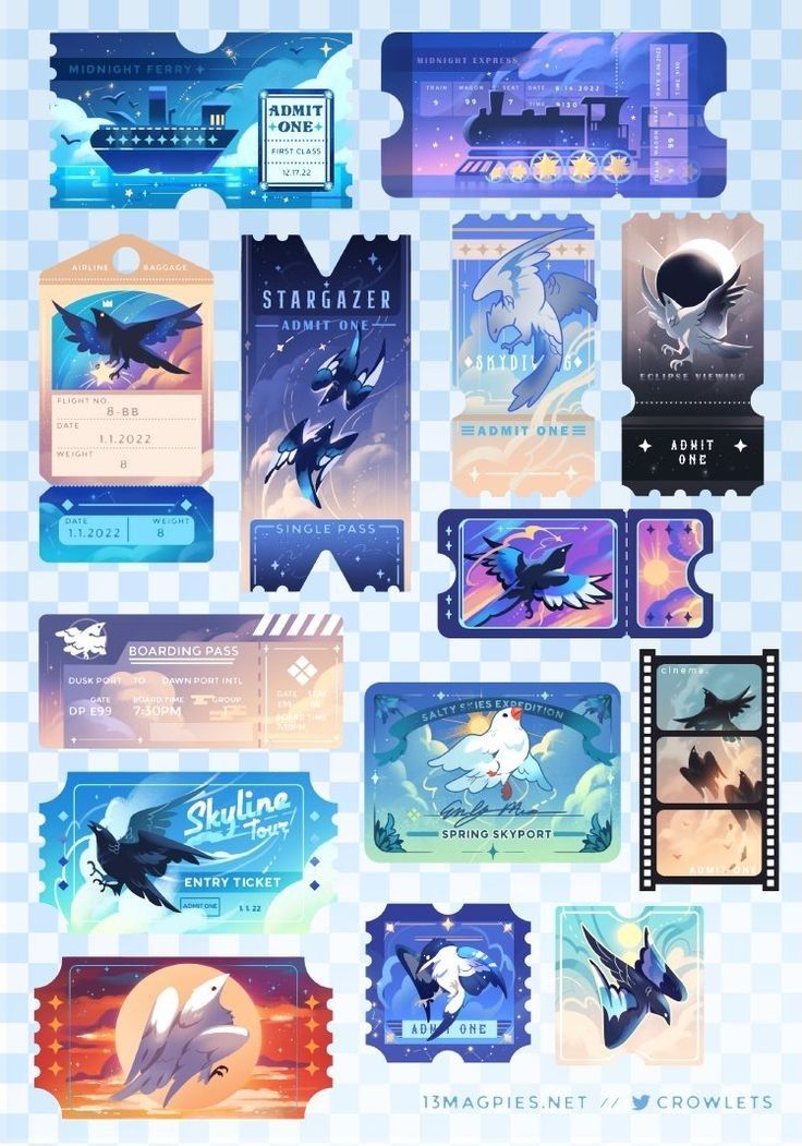 the image showcases a collection of digital stickers or illustrations designed in a whimsical, vintage style. each sticker resembles a stylized ticket or boarding pass, featuring various bird species (crows, ravens, magpies, and others) against backdrops of night skies, starry constellations, and clouds. the designs incorporate text elements like "admit one," flight numbers, dates, and location names that evoke a sense of fantastical air travel.  the overall aesthetic is dreamy and enchanting, with a color palette that uses blues, purples, and oranges. the bottom right corner includes website and social media information for the artist.