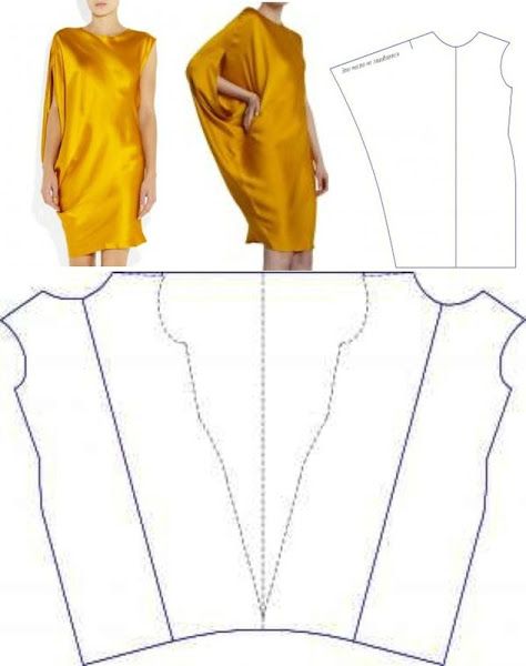 the image shows a yellow dress with a loose, draped design along with sewing patterns for creating a similar garment. the patterns include templates for different sections of the dress.