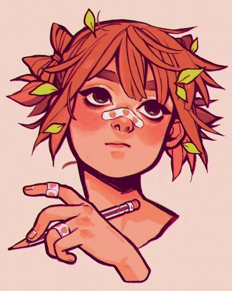 this is a digital illustration of a young girl with red hair.  she has leaves in her hair, and bandaids across her nose and fingers.  she is holding a pencil in her right hand and her left hand is tucked under her chin.  she is looking up and to the right.  the colors in the drawing are predominantly pink and red, and the girl's facial expression is neutral. the style of the illustration is cartoonlike, with exaggerated features. the drawing is done in a digital medium, and there is a soft, blurred effect around the edges.