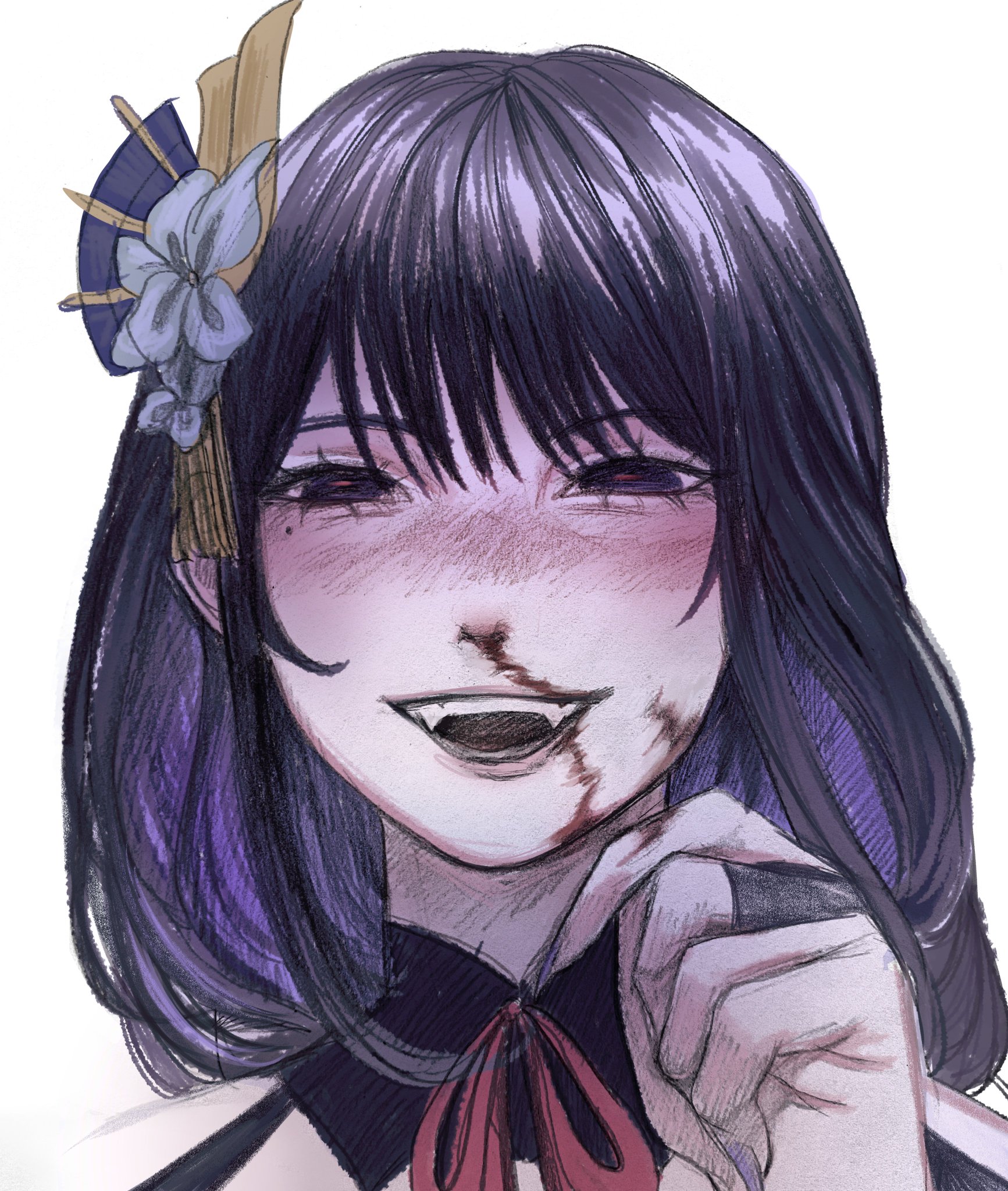 the image shows a closeup portrait of an anime girl with long dark purple hair, blue eyes, and sharp fangs. she is smiling and has blood on her face, but her expression is innocent. she is wearing a dark dress with a white collar and a red bow. the background is white.