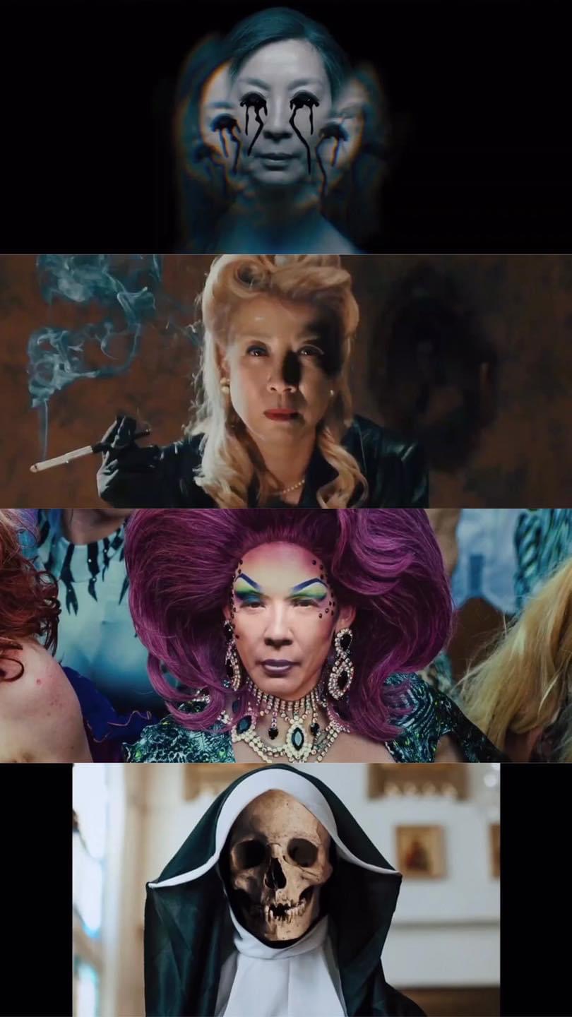 the image is a collage of four different photographs. the top photo features a woman with a ghostly apparition behind her. the second features a woman with blonde hair smoking a cigarette. the third features a drag queen in full makeup and costume. finally, the bottom photo showcases a nun with a skull for a head.