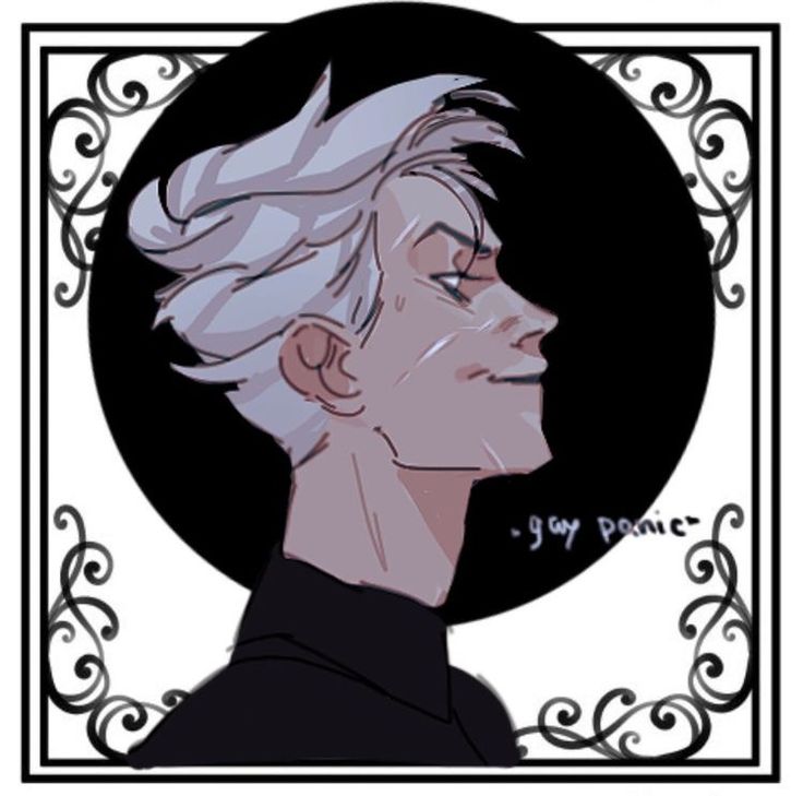 a digital drawing of a male character from a manga, anime or cartoon, depicted in profile view.  his white hair is styled in a side part with his hair sweeping back from his face.  he's wearing a black collared shirt with a black background and  looks like he's in a panic mode. the drawing is framed by a black and white ornate border.  a text bubble, in the lower right corner, reads "gay panic"