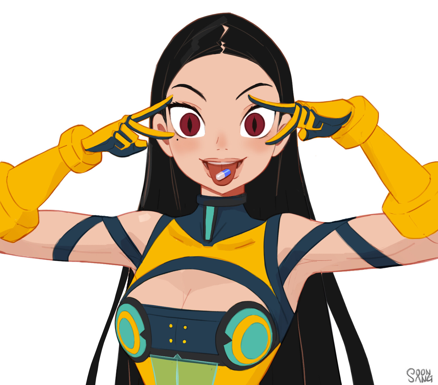 a stylized, cartoon illustration of a female character against a white background. she has long black hair, large red eyes, and is sticking her tongue out, revealing a pill resting on it. she's wearing a yellow and teal futuristic, somewhat revealing,  outfit with matching gloves. she's pulling down her lower eyelids with her index fingers. the art style is reminiscent of both comic books and pop art.  the overall feel is playful and energetic.