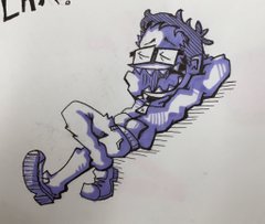 a cartoon drawing of a man with glasses relaxing on his back with his head resting on his hands. the drawing has a humorous and exaggerated style. he is drawn in blue ink on white paper.