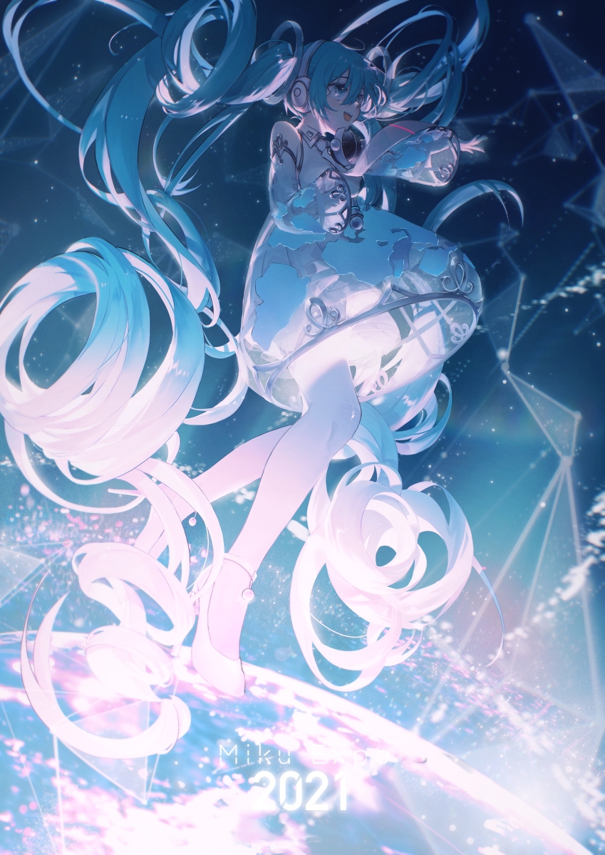 the image shows an animestyle illustration of hatsune miku floating above a futuristic earth. she has long teal twin tails, wears headphones, and a short, glowing dress. the artwork features a lot of bright lights and a futuristic aesthetic. the text "miku 2021" is at the bottom.