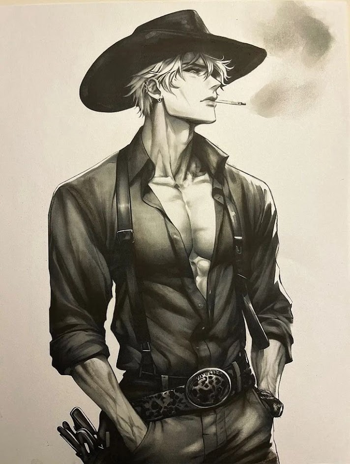 a monochrome drawing of a man in a cowboy hat, smoking a cigarette. he is wearing a buttondown shirt, suspenders, and a leather belt with a buckle. he has a serious expression on his face, and his hair is styled in a short, tousled manner. the image is rendered in black and white, giving it a classic and timeless feel.