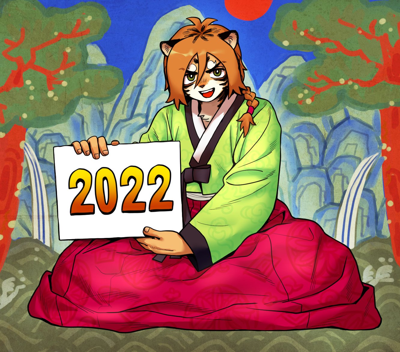 a furry anthro tiger in a traditional korean dress called a hanbok sits on a floor with a sign that says 2022. the tiger is smiling and looks happy and cheerful. the image is done in a cartoon/anime style and has a digital illustration quality to it.