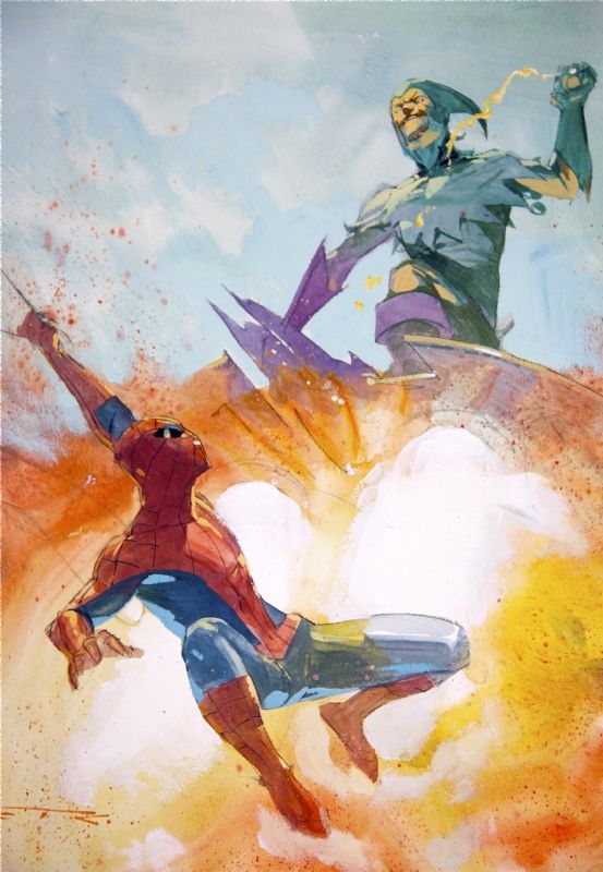 this is an illustration of spiderman and the green goblin in a comic book fight.  the green goblin is in the air, with his glider and webs flying around him, and he's facing down spiderman who is clinging onto the bottom of the goblin's glider.  a massive explosion is happening in the background, and the sky is filled with clouds.