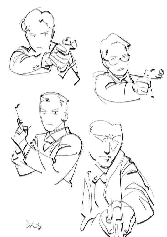 this is a black and white sketch of four men. three are in suits and aiming guns. one is holding a gun in his hand. one has a gun pointed forward. one is aiming it at the side. the fourth man is in a suit and appears to be getting ready to shoot, but his gun isn't visible. the image is simple and minimalistic in style.