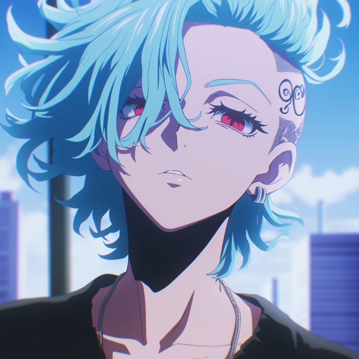 the image showcases a closeup portrait of a stylized anime character. the character is a young person with vibrant, short, light blue hair styled in a somewhat chaotic manner, partially shaved on one side with a small, stylized tattoo visible. they have striking red eyes and a generally serious or expressionless demeanor. the character is adorned with a simple necklace and an earring.  the background suggests an urban or cyberpunk setting with blurredout city buildings. the art style is highly stylized and characteristic of modern anime with sharp lines, vibrant colors, and attention to detail in the hair and eyes. the overall impression is one of coolness and a slightly rebellious or edgy personality.