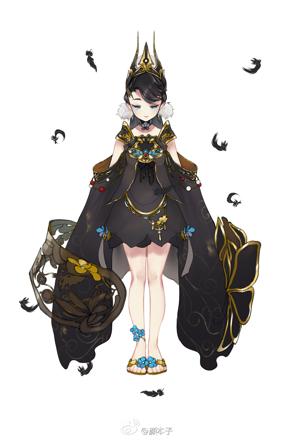 an anime girl with black hair and a crown on her head is wearing a long black dress with gold embellishments and blue flowers. she is wearing flower sandals with blue flowers. she is standing with her arms at her sides and looking down. the background is white.